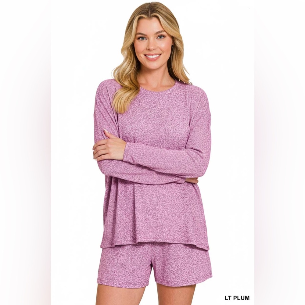 Zenana Soft Melange Long Sleeve Tee & Shorts Set – LT Plum 💜🛍️